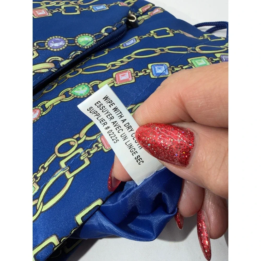 Blue Gemstone and Gold Chain Print Drawstring Pouch Bag with Zipper Pocket